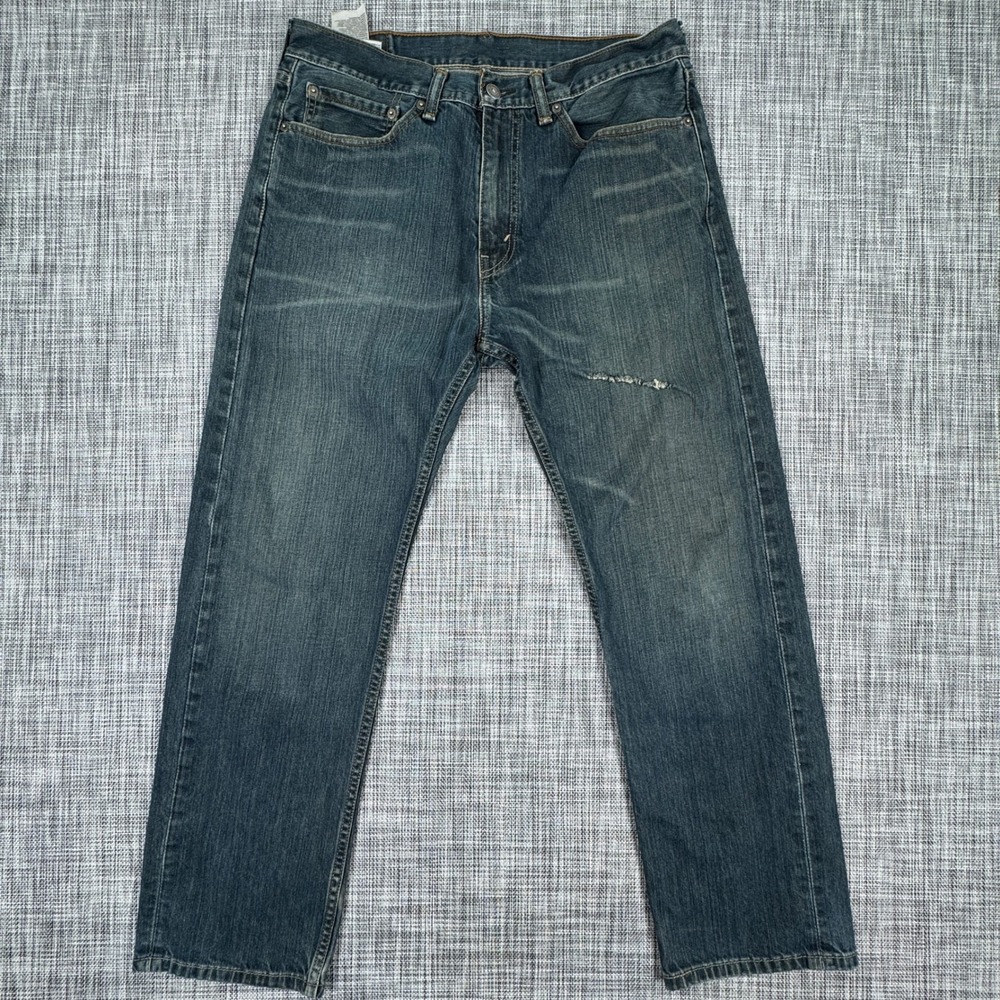 Levis Mens 34x30 Jeans 505 Regular Fit Straight Blue Cotton Denim Repaired Tear